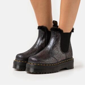 New Dr Marten 2976 Quad Platform Fur-Lined Metallic Boots- Black/Silver …